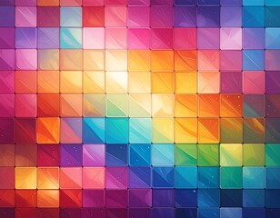 A vibrant mosaic of squares in various shades, transitioning from reds to blues, and yellows to greens, creating a colorful grid