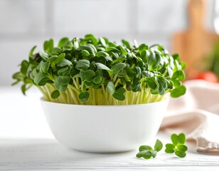 A vibrant mound of tiny, green seedlings overflows from a pristine white bowl. Background shows soft fabric, wood, and light