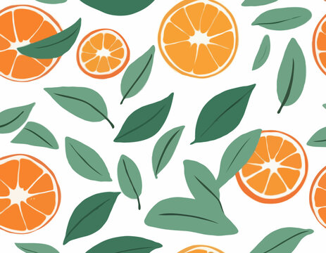 Hand-drawn style illustration showcases a half-cut tangerine fruit with leaf
