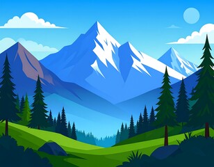 A vibrant mountain landscape, featuring jagged peaks, lush forests, and a clear blue sky with fluffy clouds