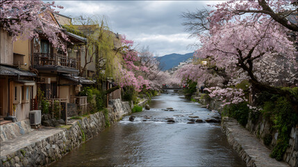 Cherry blossom lined canal street with traditional houses and spring scenery
