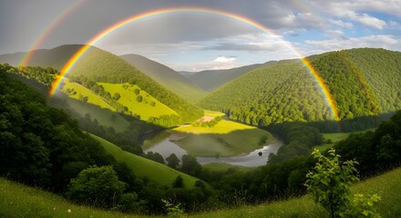 Majestic double rainbow arches over a deeply carved river valley surrounded by lush vibrant green rolling hills after a fresh summer rainstorm