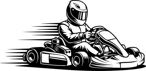 Illustration of a go-kart racer in action, black and white desig
