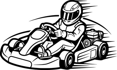 Illustration of a go-kart racer in action, black and white desig
