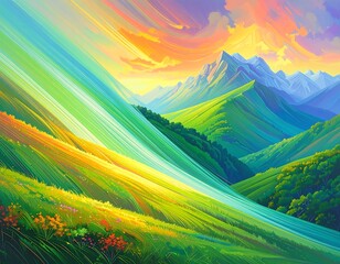 A vibrant mountain landscape rendered with bold brushstrokes. Rolling green hills meet snow-capped peaks beneath a colorful, streaked sky