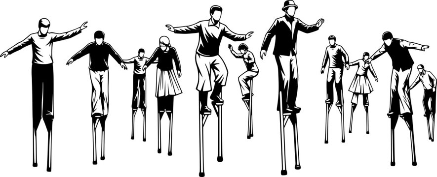 Black and white illustration of people on stilts performing a sh
