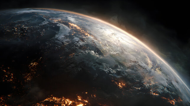 Partial Earth globe from space with illuminated continents and sunrise glow over dark cosmos