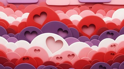 A sea of colorful paper cutout hearts in various shades of red pink and purple