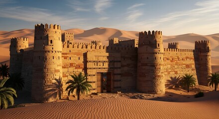 Ancient desert fortress standing majestically against rolling sand dunes under a vast dramatic sky at sunset