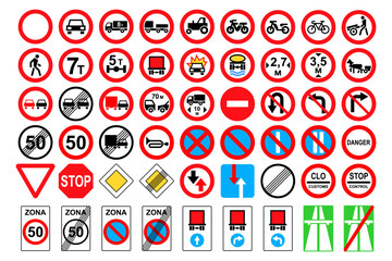 Road signs. International road signs set isolated on white background. Traffic signs. Vector illustration