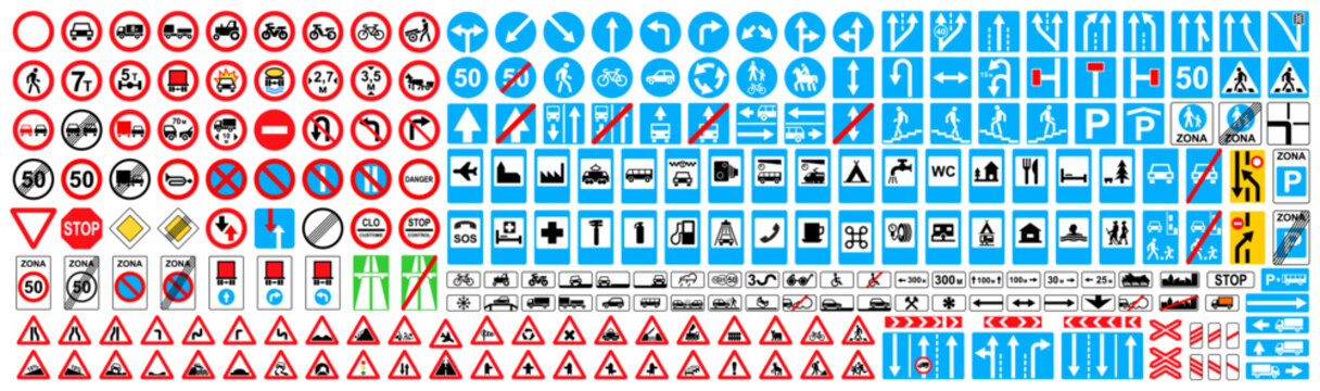 Road signs. International road signs set isolated on white background. Traffic signs. Vector illustration