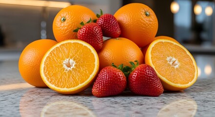 Vibrant arrangement of fresh whole and sliced oranges paired beautifully with bright red ripe strawberries resting on a reflective kitchen countertop surface
