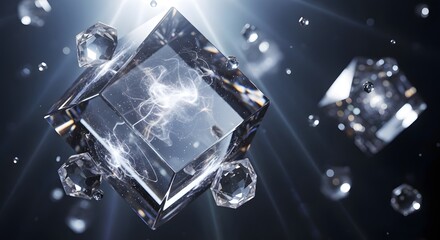 Abstract digital rendering features a glowing translucent crystalline cube surrounded by floating faceted gems and ethereal light energy against a dark background