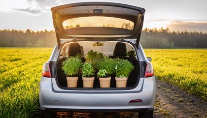 car trunk filled with green seedlings in pots ready for planting in nature field