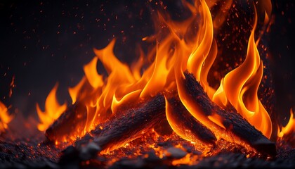 closeup of vibrant orange fire flames and glowing embers against a dark background