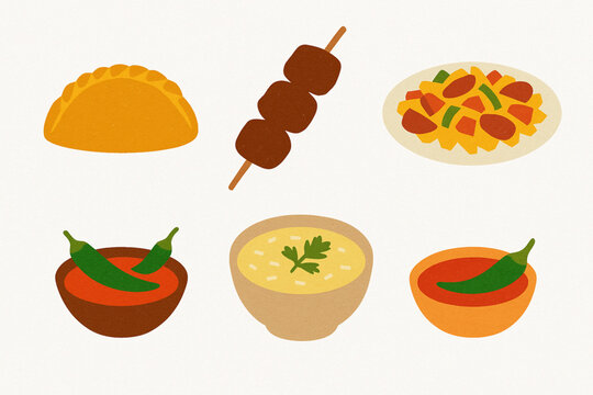 Bolivian cuisine flat icon set with traditional food dishes on white background