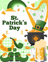 A St. Patrick's Day poster template featuring holiday symbols. A unique flyer or card for the holiday. Cartoon flat style vector illustration.