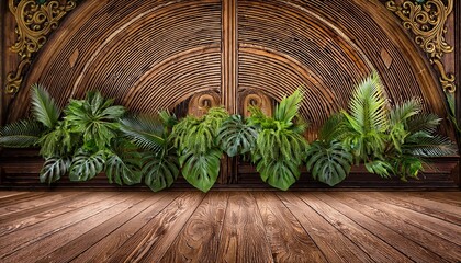 intricate carved panels adorned with lush greenery on an aged wall wooden floor