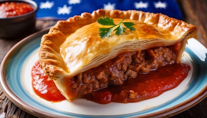 a close up of a delicious australian meat pie with tomato sauce a popular food choice on australia day the mouthwatering details and savory appeal of the traditional dish