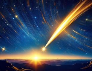 a brilliant golden meteor cuts a path through the deep blue starry sky creating a luminous arc
