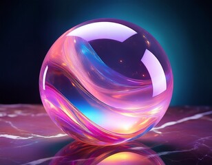 a colorful crystal sphere rests elegantly on a marble surface its translucent hues of pink and purple capture the light beautifully ideal for artistic or promotional uses ai