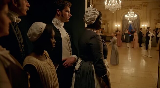 In this elegant video, guests in historical attire gather in a grand ballroom lit by chandeliers. The atmosphere is filled with anticipation and grace as they prepare for a lavish evening of dancing a