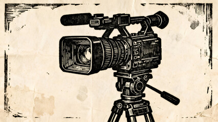 2D Charcoal Pencil Sketch of Professional Video Camera on Tripod with Strong Silhouette