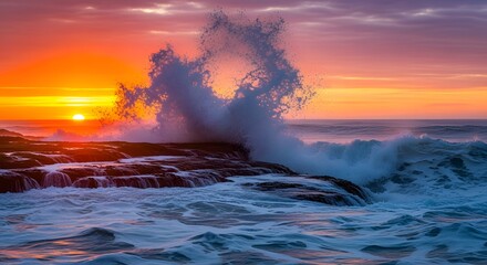 Powerful ocean wave crashes dramatically against dark coastal rocks during a brilliant sunrise creating dynamic water splash and foamy movement