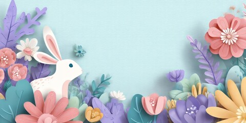 White bunny in a vibrant garden of paper-cut flowers. Cute cartoon animal for Easter design. Spring holiday artwork for greeting card.