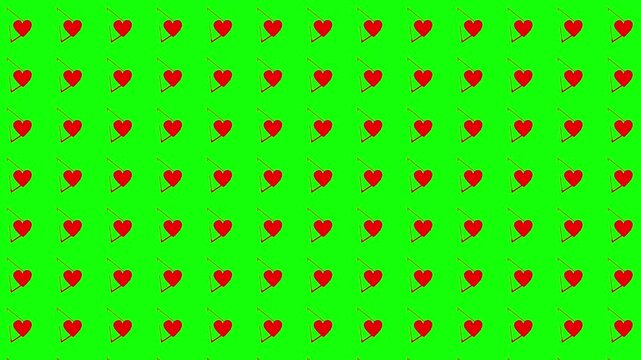 red love heart cartoon Geometric pattern seamless loop animation, valentine day love glowing theme motif background, Colorful love hearts patterned texture video clip footage green screen backdrop bg 