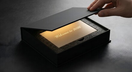 A professional product shot of a high-end matte black box being opened. Inside, a glowing card says "Welcome to 2026." Soft-touch texture, premium lighting.