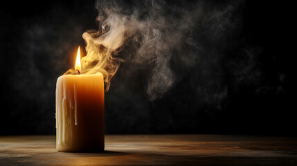 Yellow candle with flame and swirling smoke on black background