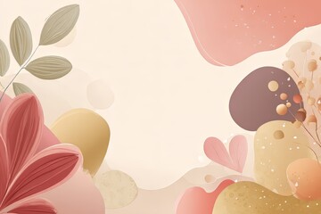 Abstract background with soft organic shapes and botanical elements in muted colors. Modern natural design for elegant cosmetic packaging or wedding invitation.