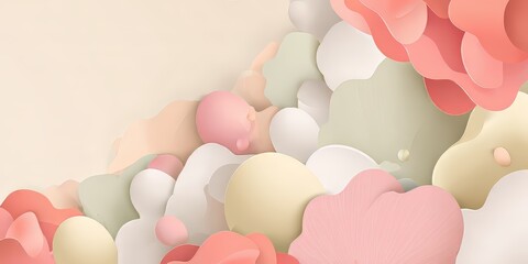 Abstract background with flowy 3d shapes in soft pastel colors, like clouds or petals. Creative card design, wallpaper, banner, or presentation.