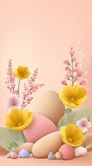 Pastel color Easter eggs and spring flower bouquet with green leaf on orange warm background for greeting card. Holiday season decoration.