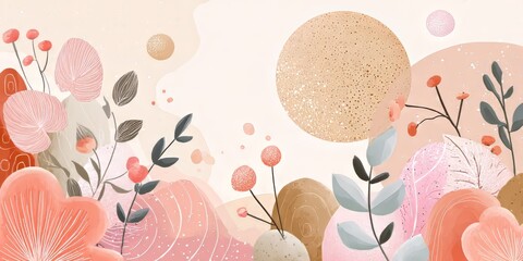 Abstract watercolor background with delicate floral elements and organic shapes. Botanical illustration for decorative art or social media template.