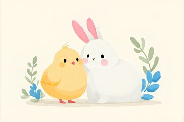Cute chick and rabbit standing together surrounded by green and blue leaves. Happy Easter holiday concept for childrens celebration.