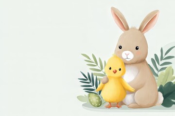 Cute Easter bunny and chick with decorative egg and green leaves. Spring holiday digital illustration for greeting card design.