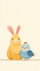 Cute cartoon bunny and bird standing together. Adorable spring animal illustration for Easter holiday. Holiday design element.