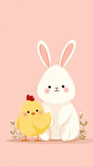 Cute little chick and rabbit together on a pink background, ideal for Easter greeting card with copy space. Holiday celebration concept.