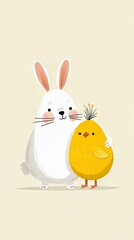 Cute cartoon bunny and chick illustration for Easter greeting card or children book. Happy spring holiday animal character. Creative design for kid.