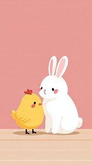 Cute yellow chick and white rabbit illustration for Easter greeting card. Gentle animal cartoon design for children content.