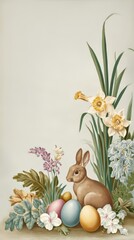 Cute Easter bunny with colorful eggs among spring flowers and greenery for Spring and Holiday celebration.