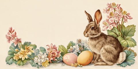 Brown rabbit with Easter eggs and pastel spring flowers. Vintage illustration for Easter holiday greeting card or decorative design.