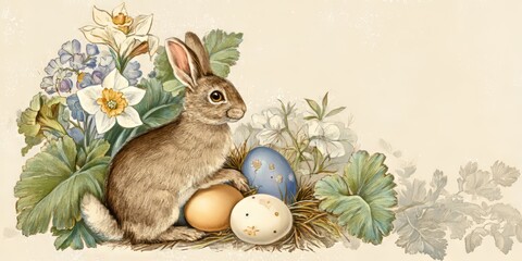 Brown rabbit with Easter eggs and spring flower bouquet. Vintage illustration for Easter holiday and spring celebration with copy space.