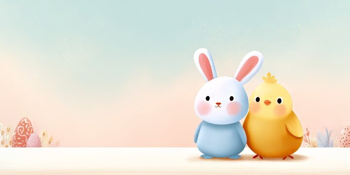 Cute easter bunny and chick on a pastel background. Spring holiday illustration for greeting card, banner, or promotional design. Fun graphic for celebration. - Powered by Adobe