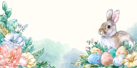 Cute bunny surrounded by watercolor florals and decorated Easter egg. Easter celebration background with copy space for greeting card.