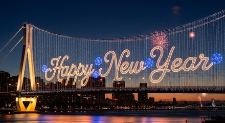 Spectacular illumination of a massive suspension bridge displaying happy new year greeting with festive fireworks overhead against the twilight sky