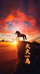 Fototapeta premium Silhouette of a horse on a cliff at sunset, with Asian characters and 