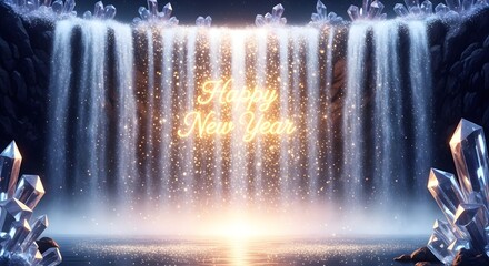 Enchanting waterfall cascading over sparkling crystals illuminated by golden glitter casting a bright happy new year greeting for celebration